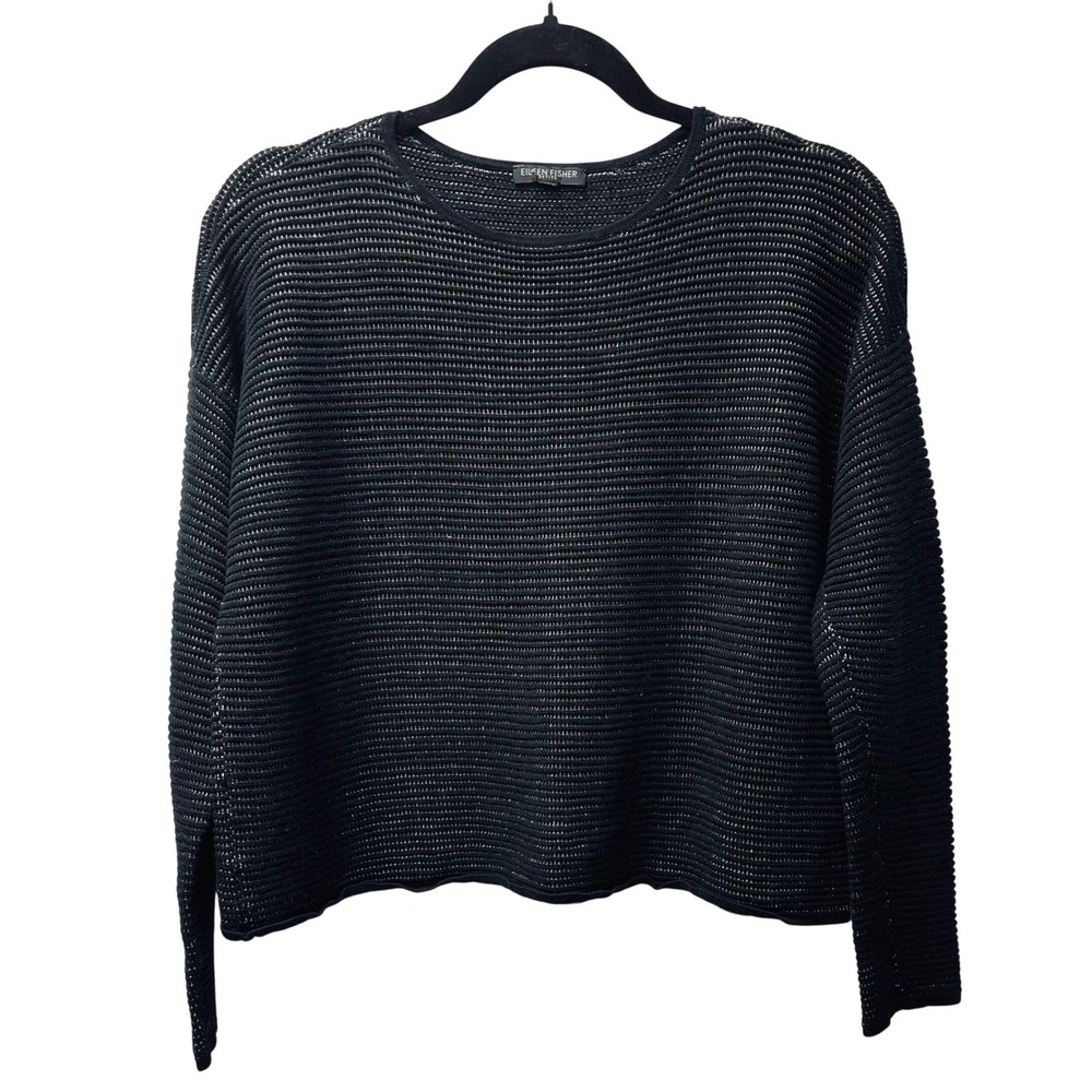 Eileen Fisher S Petite Black Silk Linen Sweater Cropped Open Knit Boxy Lagenlook